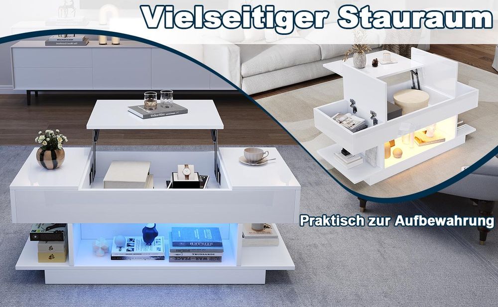 okwish Hochglanz-Couchtisch mit LED und Verstecktes Staufach,Sofatisch mit 2 Klappschränken,höhenverstellbarer Tischplatte,Weiß
