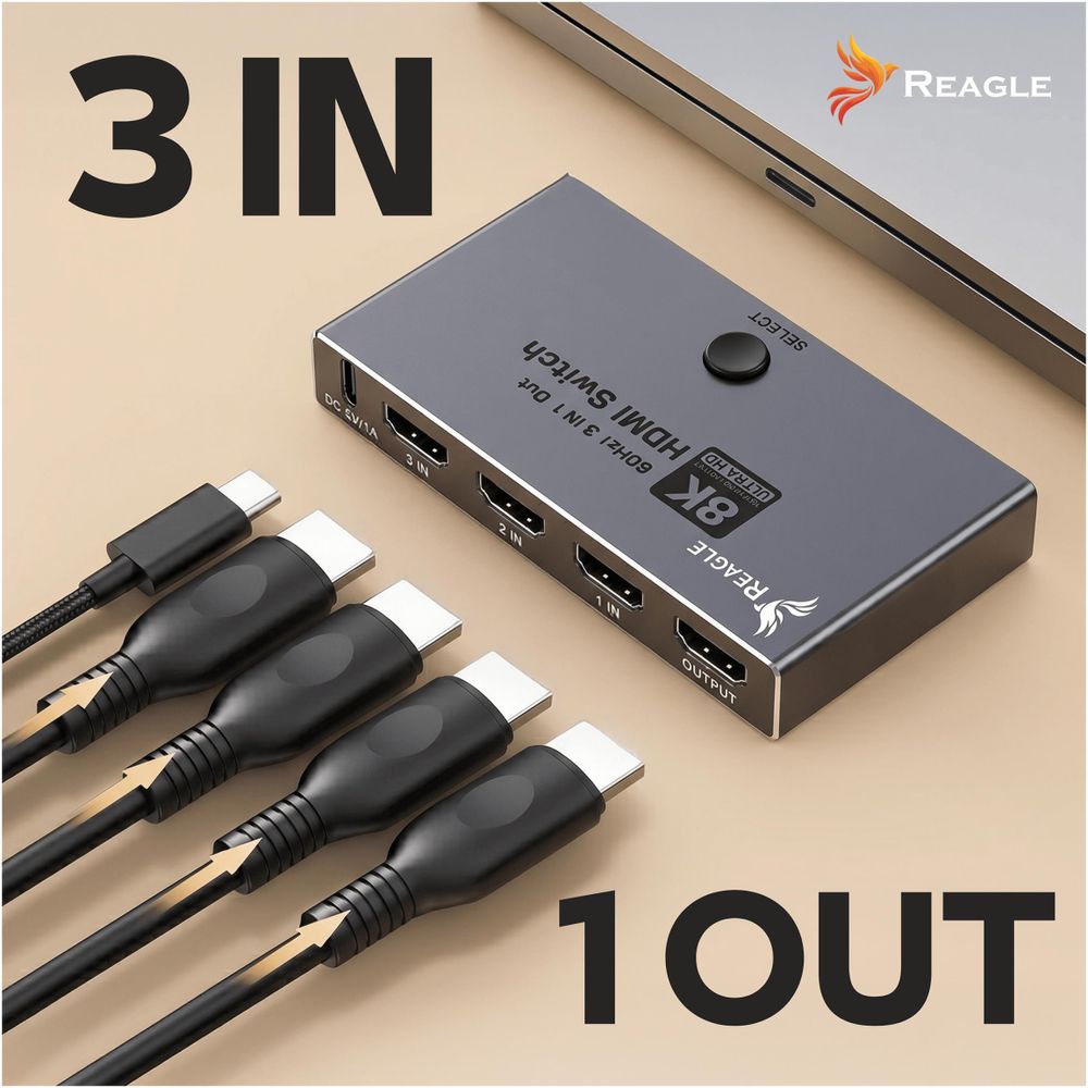 Reagle HDMI 2.1 Switch 3x1 Umschalter, 8K 60Hz, 4K 144Hz, Splitter mit Fernbedienung, Automatisch, für PS5 Xbox PC, Schwarz