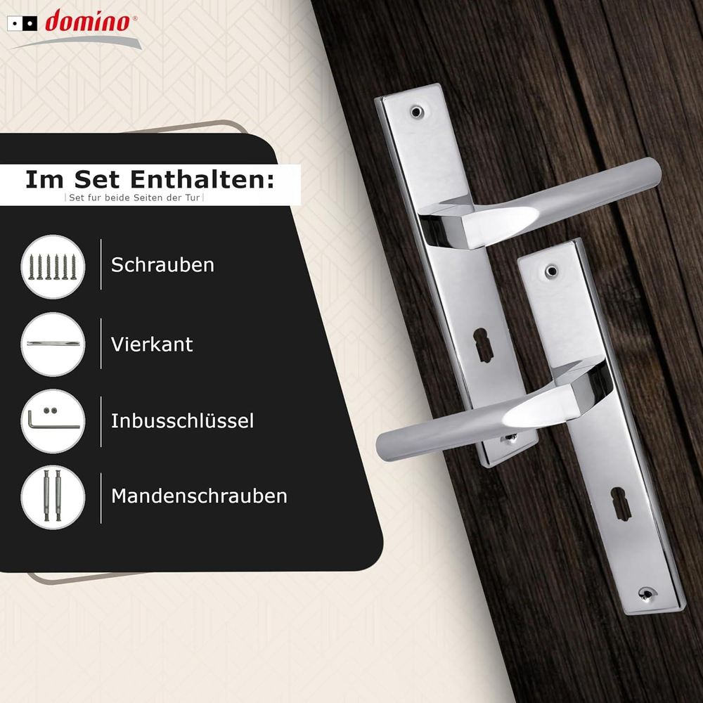 Domino Türgriff CONO M6 72 BB-Buntbart Drückergarnitur Langschild für Zimmertür, Bürotür, Kellertür, Innentür, L-Form, Aluminium glänzendes Chrom