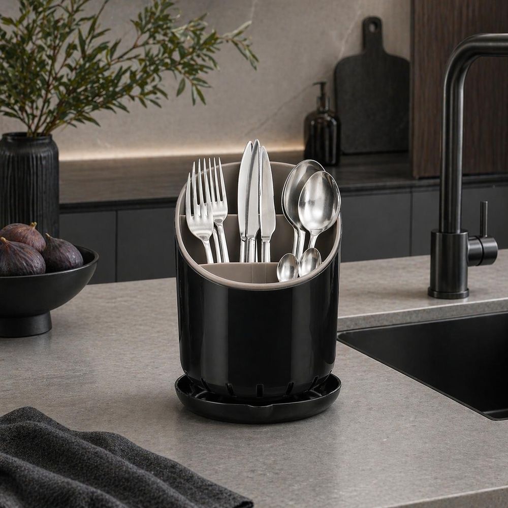 WELLHAUS Besteckabtropfer 19x12 cm oval schwarz-grau Besteckhalter Küchenorganizer