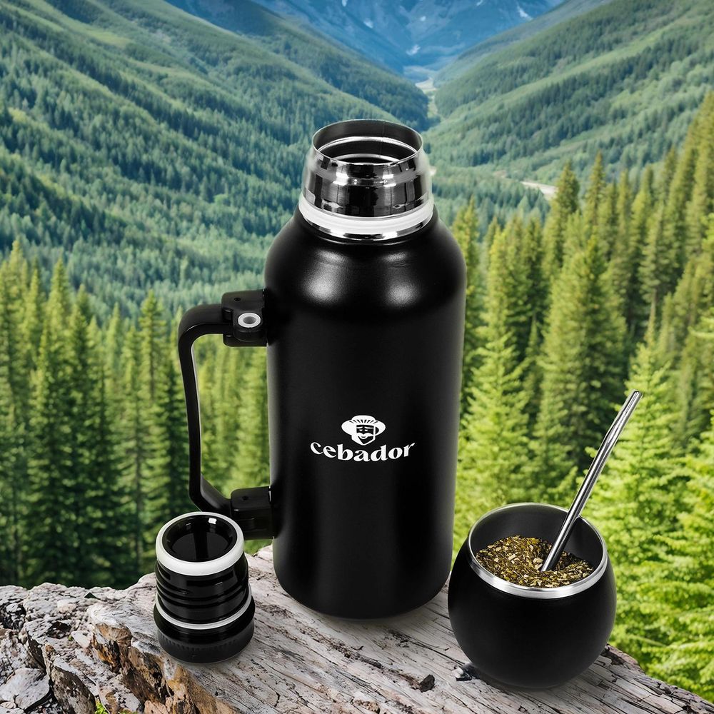 Cebador - Thermoskanne YerbaGo 1,3l - 3-in-1 Thermos, Mate Becher, Bombilla - Edelstahl Schwarz - Vakuumisolierung - Doppelwandig, Temperaturhaltend