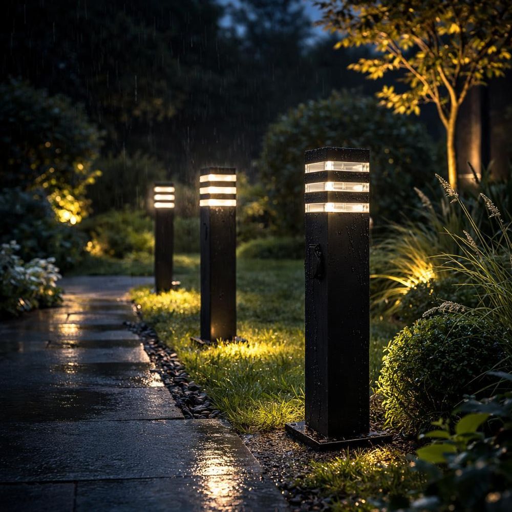 Gartenlampe, modernes Design, beleuchtet Weg aus Steinen und Kies.