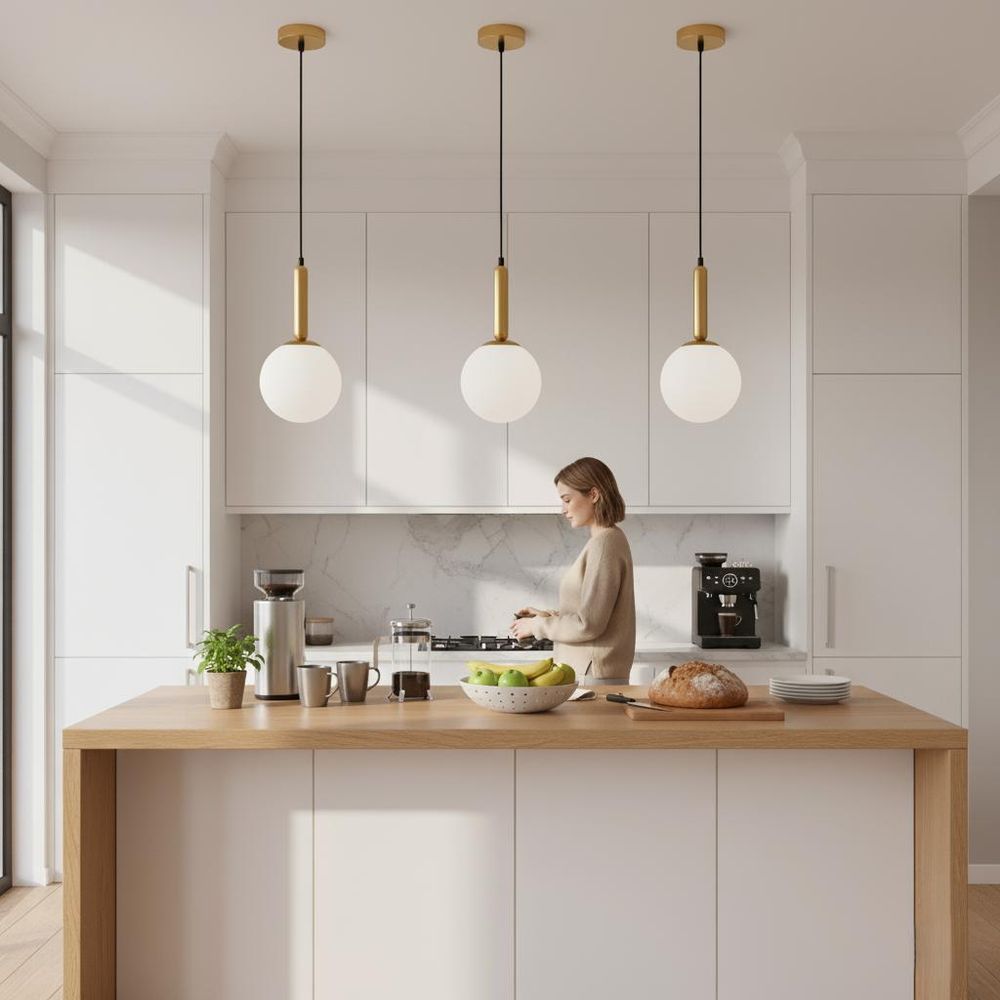 MasterLED Pendelleuchte - E27 Fassung - Gold - Kugel aus Opalglas - Metall - modern für Esszimmer & Wohnzimmer