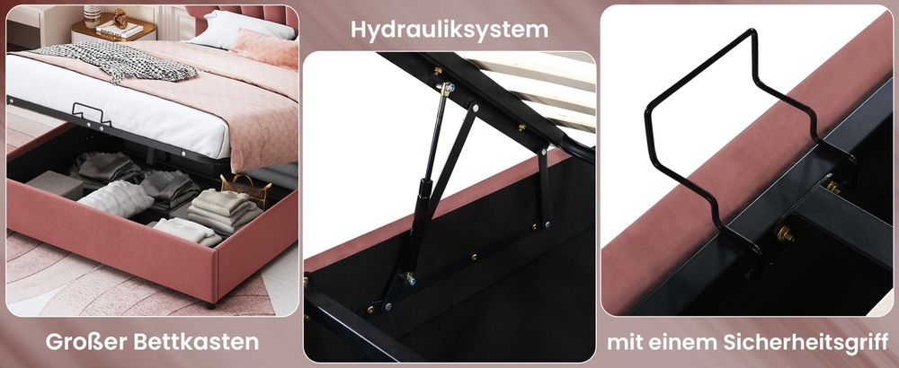 okwish Jugendbett Boxspringbett Polsterbett 140 x 200 cm mit verstellbares Kopfteil in geblümtemform und Lattenrost, Hydraulisches Stauraumbett mit Bettkasten Stauraum(Ohne Matratze)- Rosa
