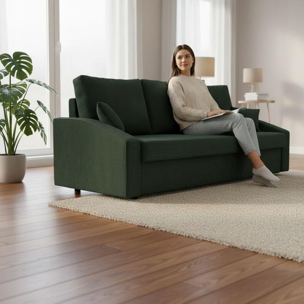 Couch mit schlaffunktion Wohnzimmer Couch mit Bettkasten AIKIDO 223x90cm Flaschengrün
