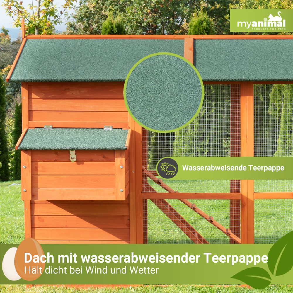MyAnimal XXL Hühnerstall MH-15 | Bis zu 7 Hühner - Aufklappbarer Nistkasten - Auslauf - Zwei Etagen - Hühnergehege - Freigehege - Sitzstange (Braun)