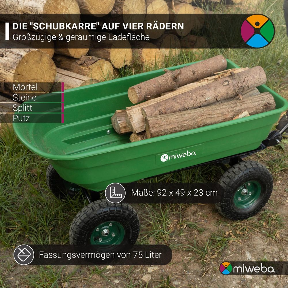 Miweba Bollerwagen Dumper | Transportwagen mit Kippfunktion - Handkarre - Schubkarre - Gerätewagen mit Kippverriegelung - bis 300 kg belastbar (Grün)
