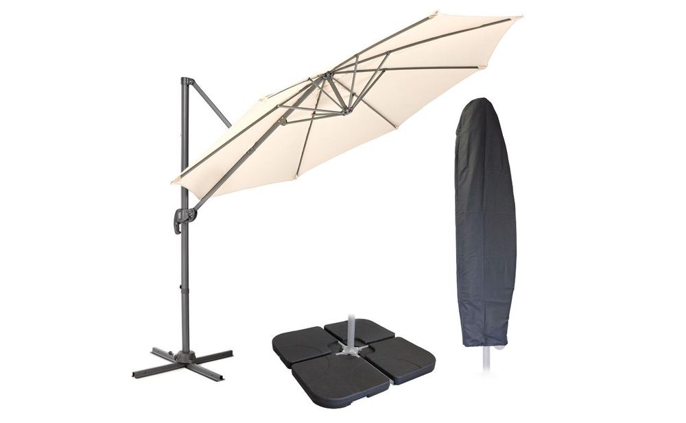 Sonnenschirm mit Abdeckhaube und Sonnenschirmständer