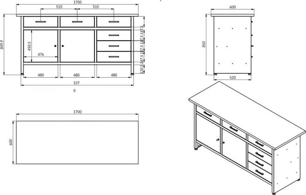 Werkbank mit Arbeitsplatte Werktisch mit 6 Schubladen 2 Schließfächer Verstellbare Füße MDF-Arbeitsplatte Belastbar bis 500 kg Metall 170 cm x 60 cm x 85 cm Farbe: Schwarz