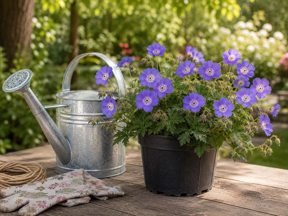 Geranium Rozanne Entwicklung: 1-Liter-Topf, erste Blüte, ausgewachsen, Herbst, Winter