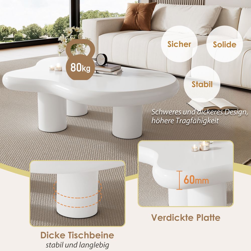 MODFU Unregelmäßiger Couchtisch in Wolkenform für Wohnzimmer, Schlafzimmer, MDF mit Filzunterlagen, lackierte Oberfläche, Weiß