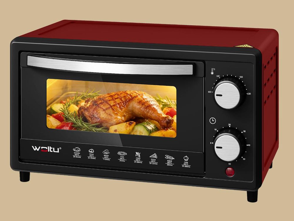 WOLTU Mini Backofen 10 Liter, kleiner Backofen, Pizza-Ofen, 100-230 °C, Timer 0-60 Min., Miniofen mit Backblech Grillrost Entnahmegriff, Rot