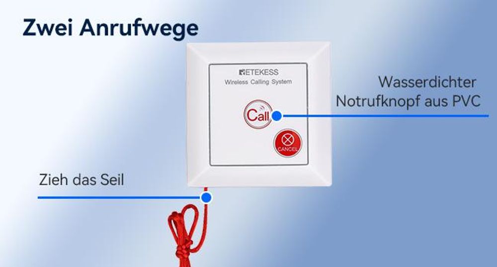 Retekess TH103P Alarm System,Notrufsystem, 110 dB Lärm,Anrufsystem mit Zugseil,IP54 Wasserdicht, 200 m Reichweite, Geeignet für Senioren, Patienten
