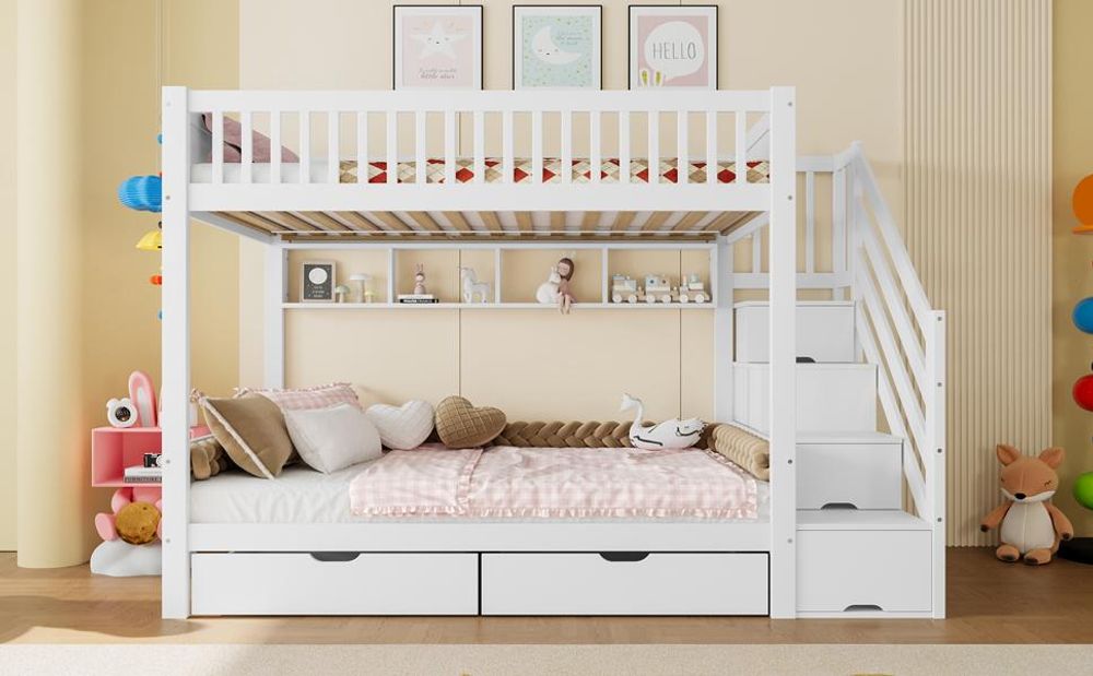 Merax Etagenbett 90x200cm, Kinderbett mit 2 Schubladen, Lagerleiter, Regal und Kleiderschrank, Massivholz, Stockbett, Jugendbett, Weiß