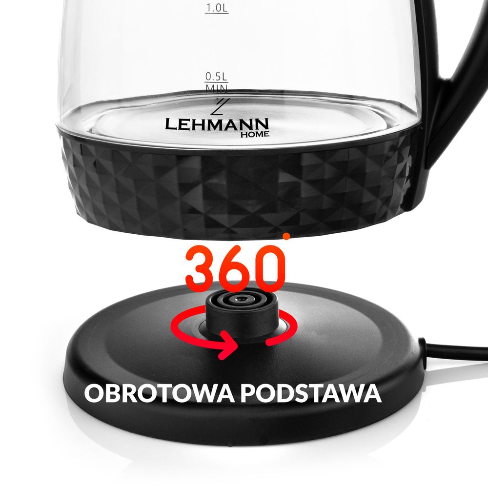 Szklany czajnik LEHMANN 2L do kuchni, czajnik elektryczny o mocy 2200W bezprzewodowy czajnik z podświetlanym zbiornikiem i zdobioną podstawą