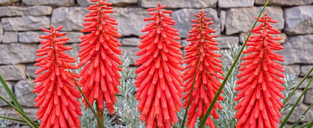 Blütenkerzen der Kniphofia 'Redhot Popsicle' in leuchtendem Feuerrot