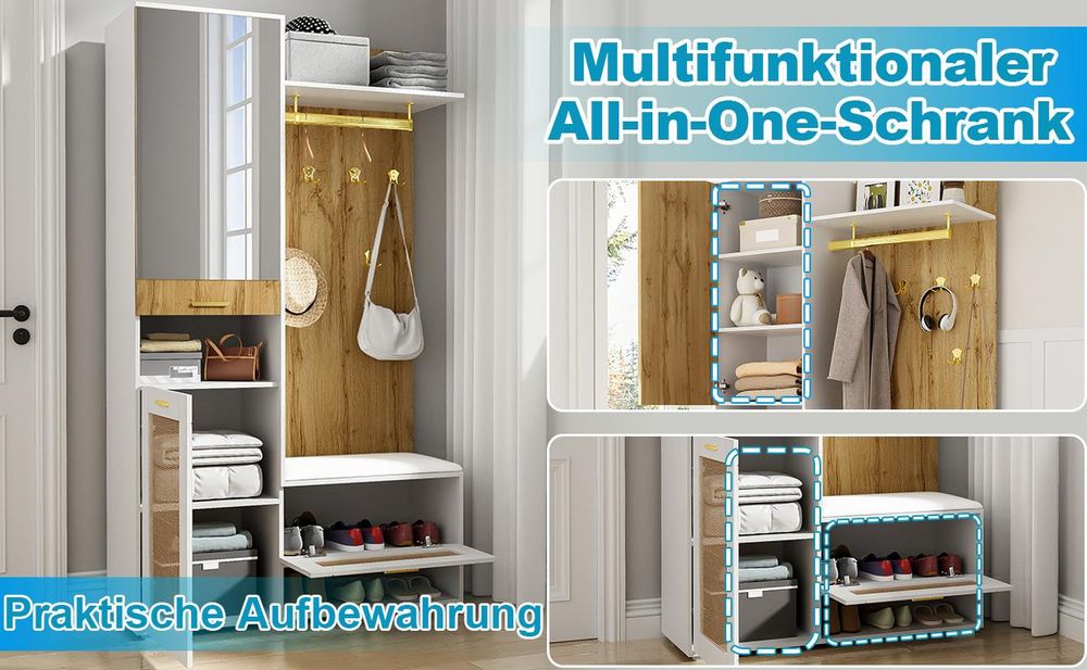 okwish Garderobenset, Kleiderschrank-Set mit Spiegel, 110 x 38 x 190 cm Weiß und Holzoptik, Goldener Kleiderhaken, Schuhschrank, Wandgarderobe, oberem Stauraumfach, LED-Licht