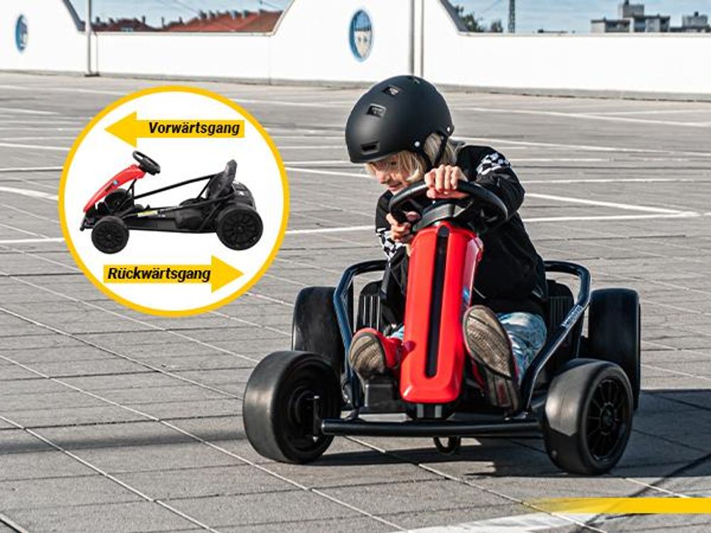 Kinder Elektro Drift-Kart | Drift-Scooter - Go-Kart mit Sound - Elektro-Kart - Tretauto - 700 Watt - 2x 12V 7 Ah - EVA-Reifen - Bis 70 Kg (Weiß)