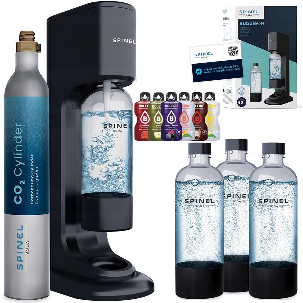 Spinel Soda BubbleON Wassersprudler Schwarz Set mit 3 Flaschen 1L Bolero