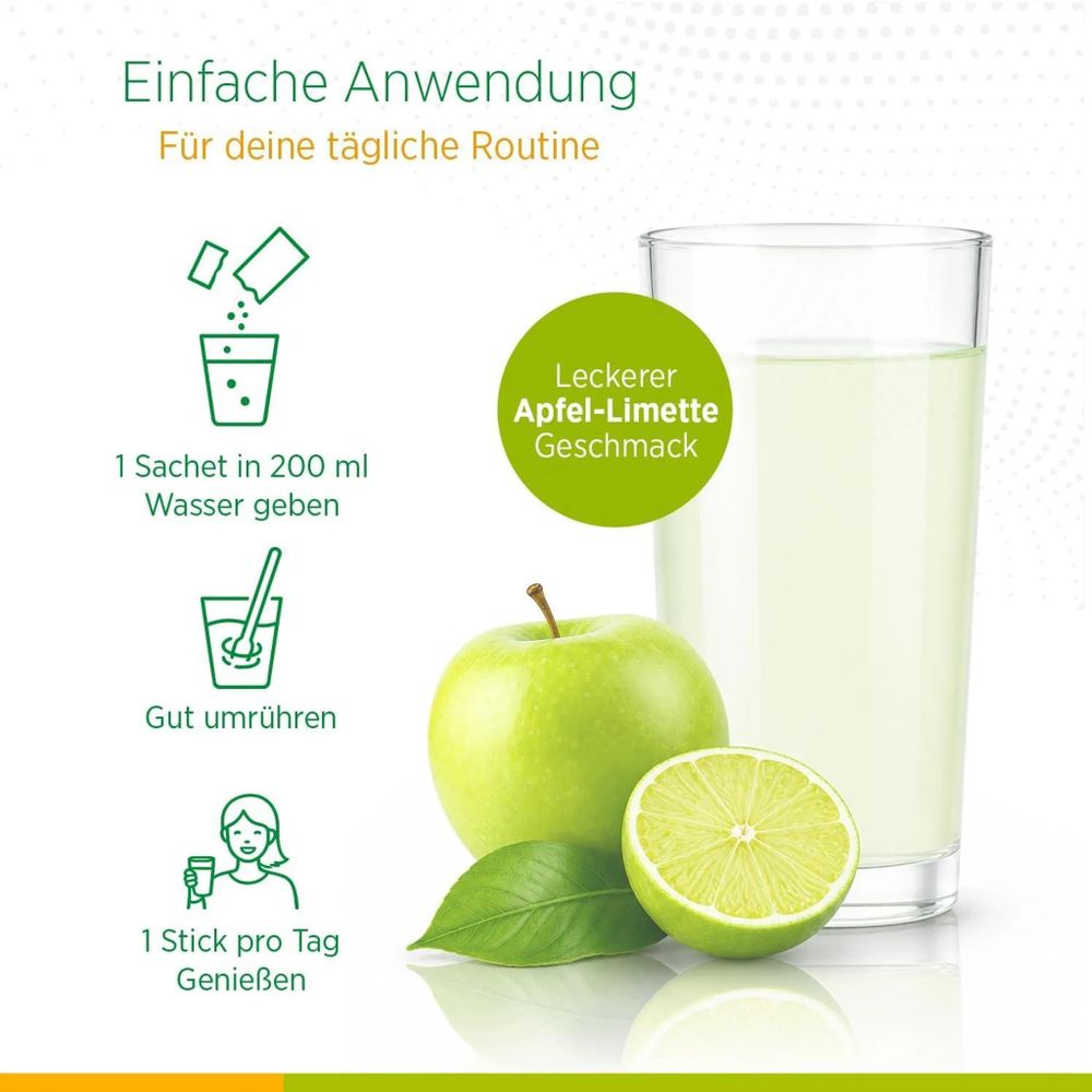 Zubereitung von Biostile Pure Magnesium 5 mit einem Portionsbeutel und einem Glas Wasser