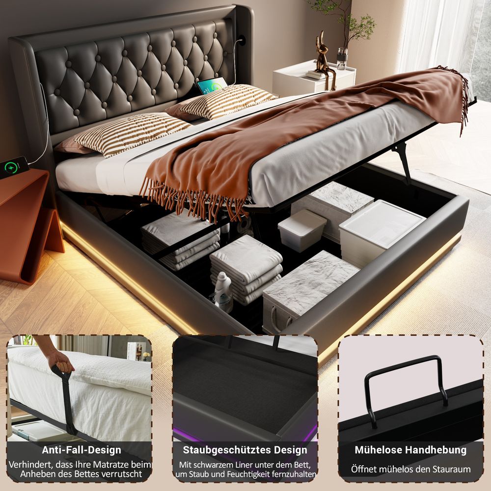 Flieks Polsterbett 180x200cm mit USB & Typ-C, Doppelbett Jugendbett mit LED, Hydraulisches Stauraumbett Boxspringbett mit Lattenrost, PU, Schwarz