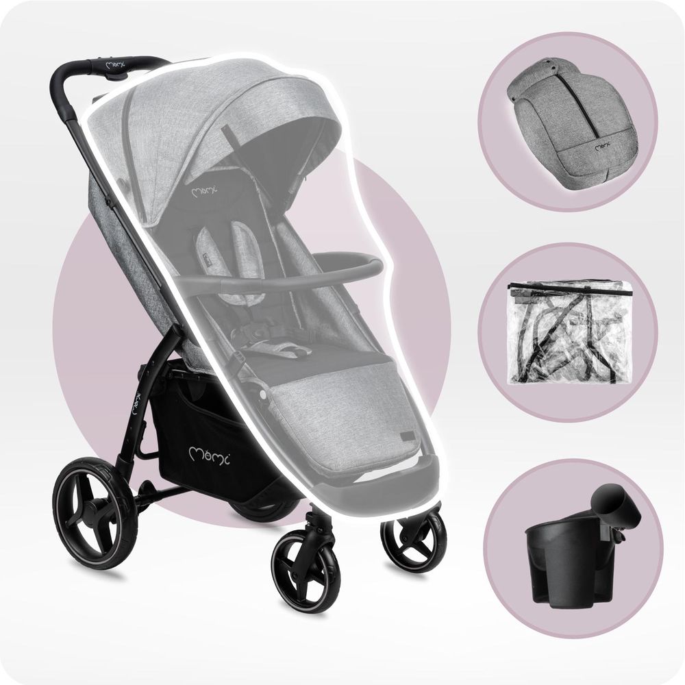 MoMi MIYA EVA – Ultrakompakter Kompaktbuggy mit Einhand-Faltung, XL-EVA-Rädern, verstellbar, inkl. Zubehör & Sonnenverdeck – Grau