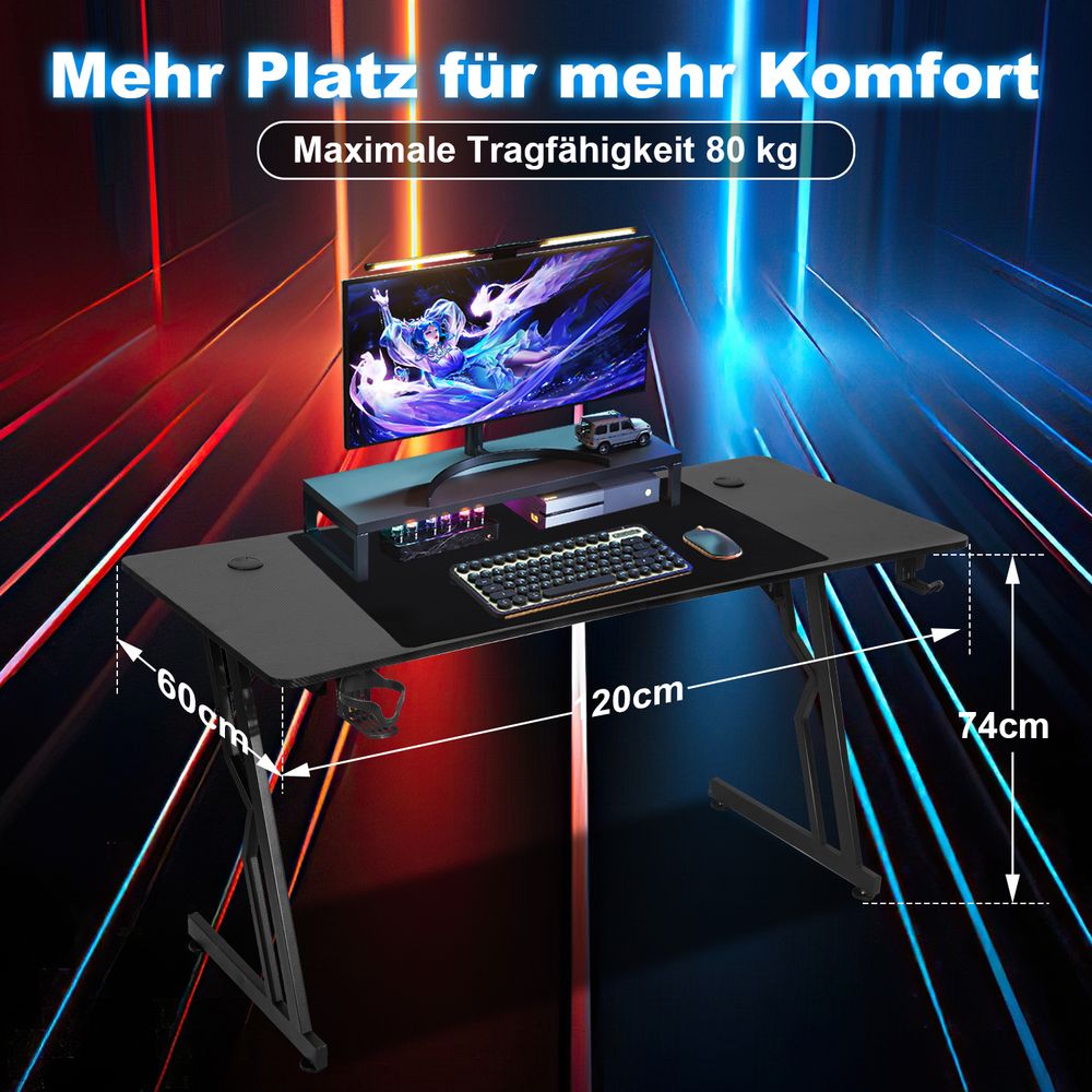 Bettizia 120 x 60cm Gaming Tisch, Gaming Schreibtisch mit Mauspad,Gamer Tisch Computertisch mit Kopfhörerhaken Schwarz