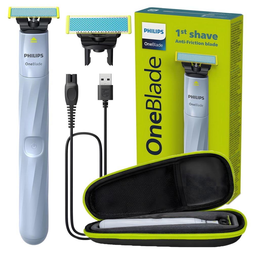 Philips OneBlade First Shave QP1324 Rasierer – 2 Klingen – Reiseetui