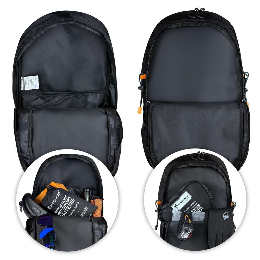 Wanderrucksack 40L Trekkingrucksack Herren & Damen, Titan-Core™ Nylon Outdoor Rucksack mit Regenschutz & Hüfttaschen, EVI SPORT Explorerpack Schwarz