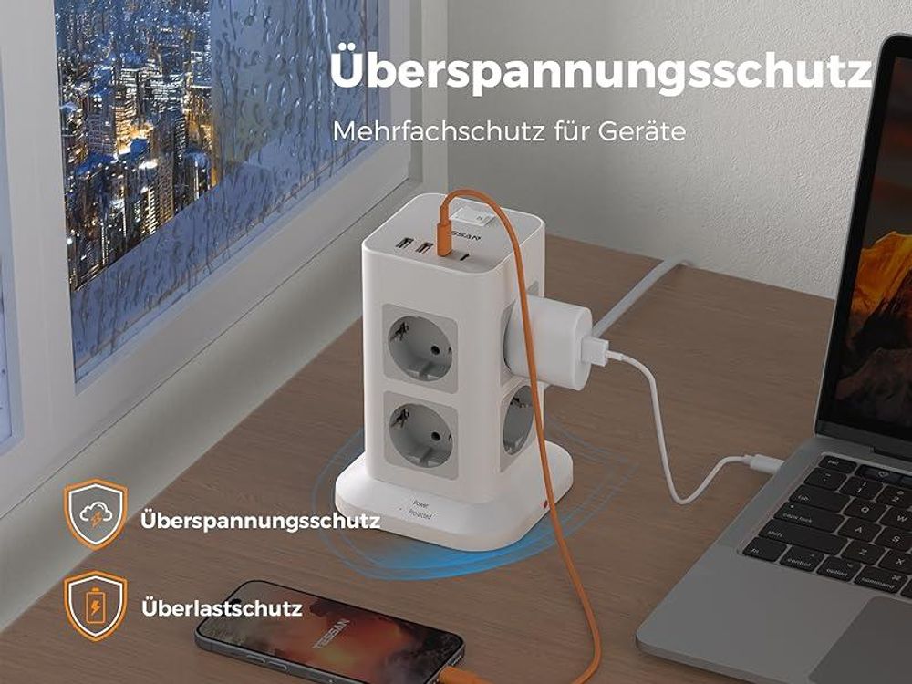 TESSAN 8 Fach Mehrfachsteckdose mit 2 USB C Verlängerungskabel 2M Steckdosenturm mit Schalter Grau 3600W