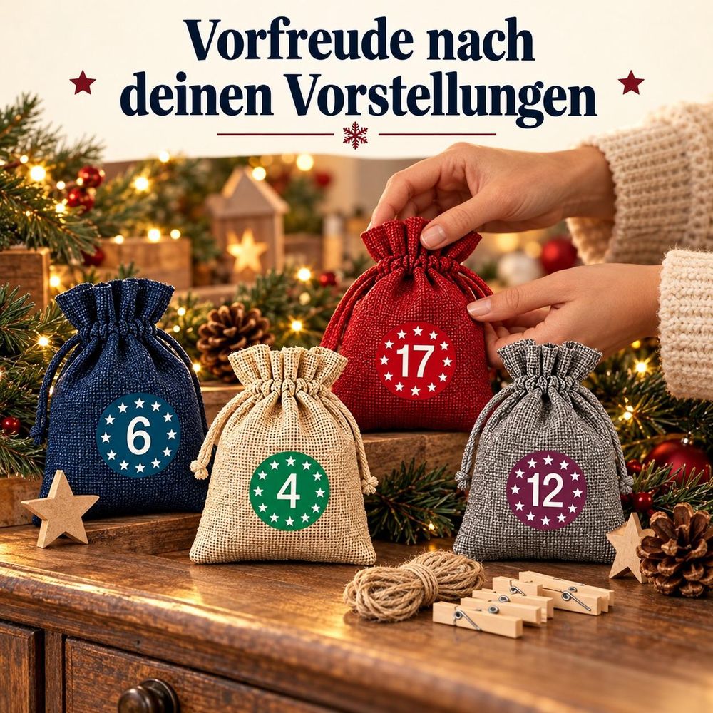 Erwachsene Person arrangiert farbige Adventskalendersäckchen