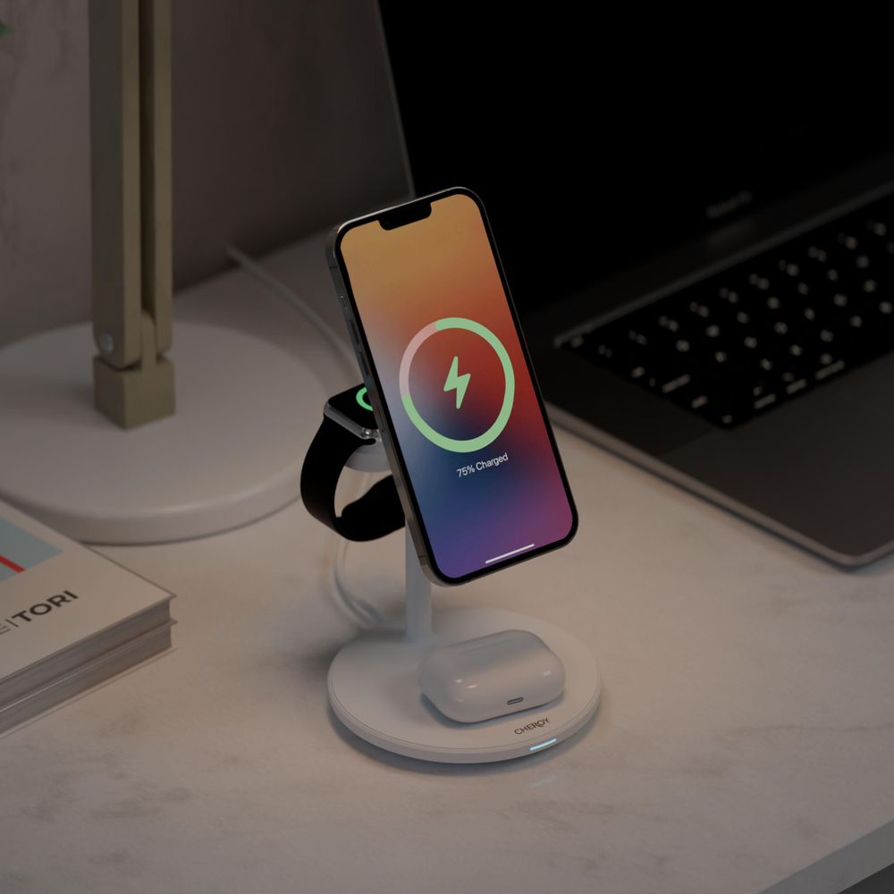 CHEROY PowerTrio - 3 in 1 Kabelloses Ladegerät - 15 W Qi MagSafe Ladestation - Für Apple iPhone, Apple Watch, AirPods - Weiß