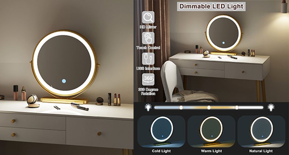 WOLTU Schminktisch mit Beleuchtung, einstellbare LED Spiegelleuchte, Frisiertisch mit 3 Schubladen, große Tischplatte 100x40 cm, Kosmetiktisch mit Samthocker, Weiß+Creme+Gold
