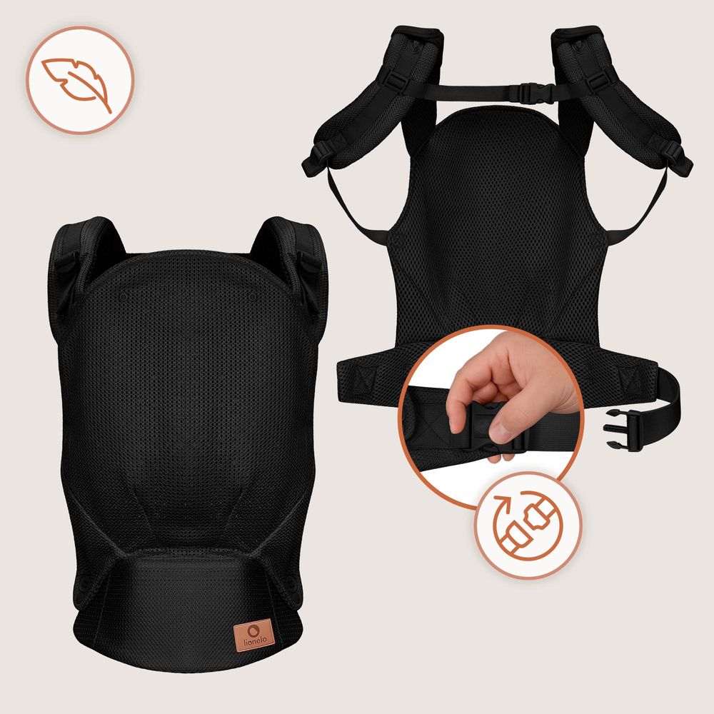 Margareet Air Ergonomische Babytrage, geeignet für Babys ab 4 Monaten bis 20 kg, 3 Tragemodi, atmungsaktives Gewebe, abnehmbare Kapuze - Schwarz