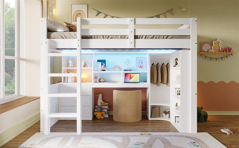 Merax Etagenbett Hochbett 140×200 cm, LED-Beleuchtung, Kleiderschrank, Schreibtisch, Schubladen, Staufächer, Kinderbett, Stockbett, Jugendbett, Weiß