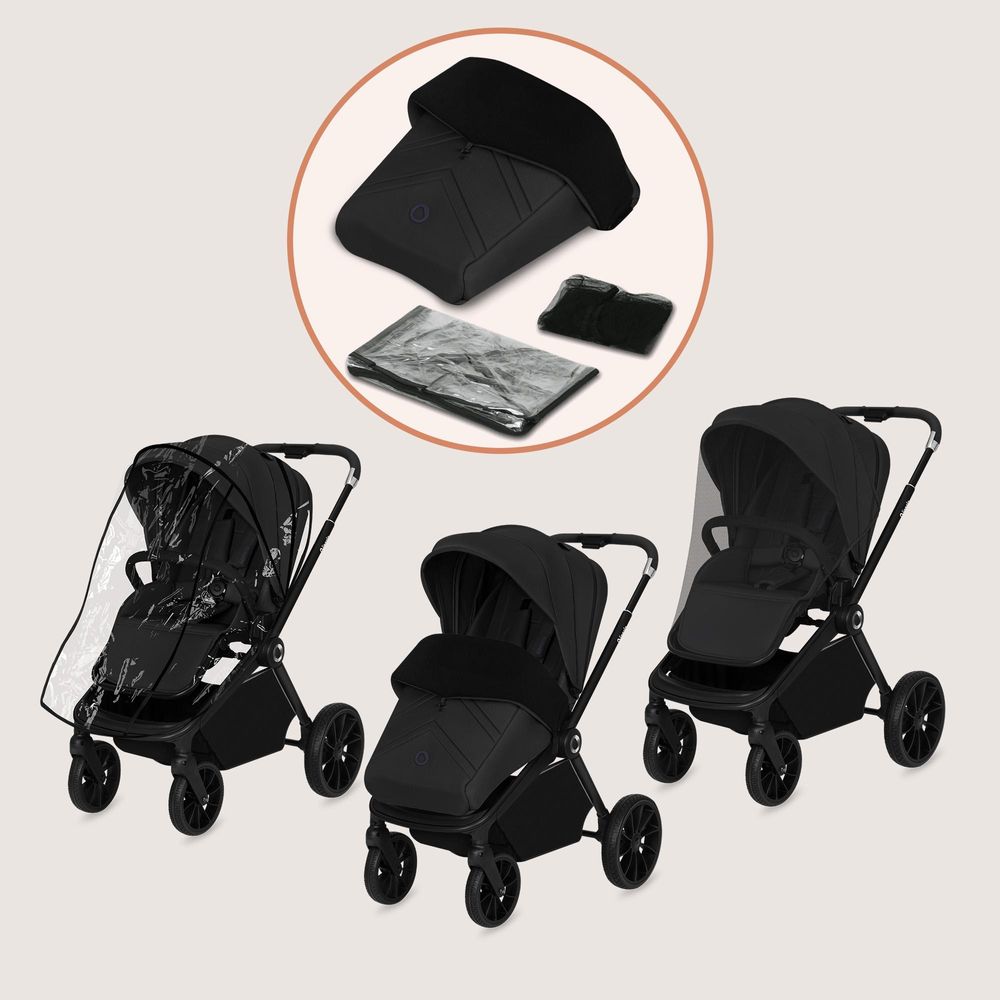Lionelo Mika Plus Universal-Buggy bis zu 22kg Hohe Manövrierfähigkeit XXL-Verdeck mit UPF50+ Black Onyx