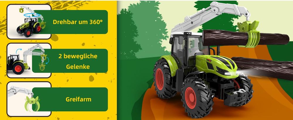 Traktor Spielzeug ab 2 3 4 Jahre, Ferngesteuerter Traktor Ferngesteuert, Bauernhof Spielzeug ab 2 3 Jahre, Rc Traktor mit Holzgreifer und 3 Baumstämme