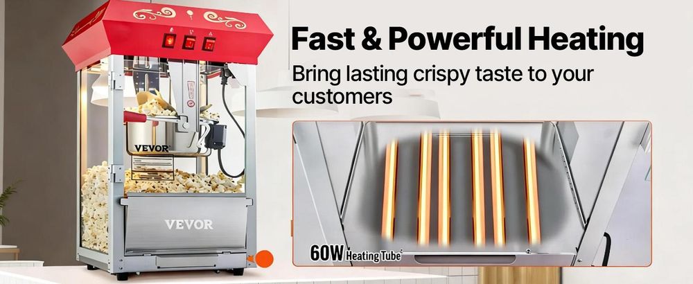 VEVOR Popcornmaschine, 850W Popcorn Popper, 8 Oz Kessel macht 48 Tassen pro Charge, Tisch-Popcornmaschine mit gehärtetem Glas, inklusive 4 Schaufeln, im Kino-Stil, Rot, Rot, 8oz