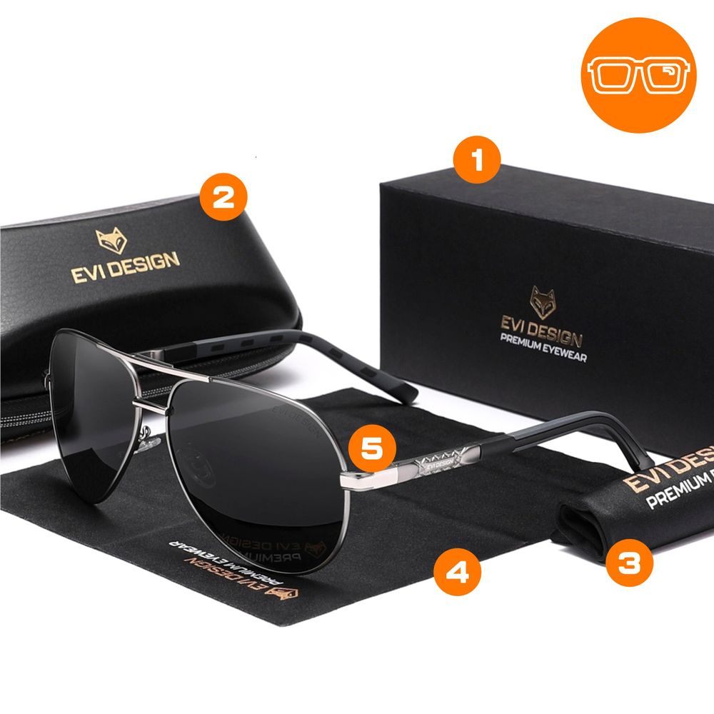 Aviator Sonnenbrille Herren Polarisiert UV400, klassische Pilotenbrille mit Metallrahmen, inkl. Etui & Zubehör-Set, EVI DESIGN, Schwarz