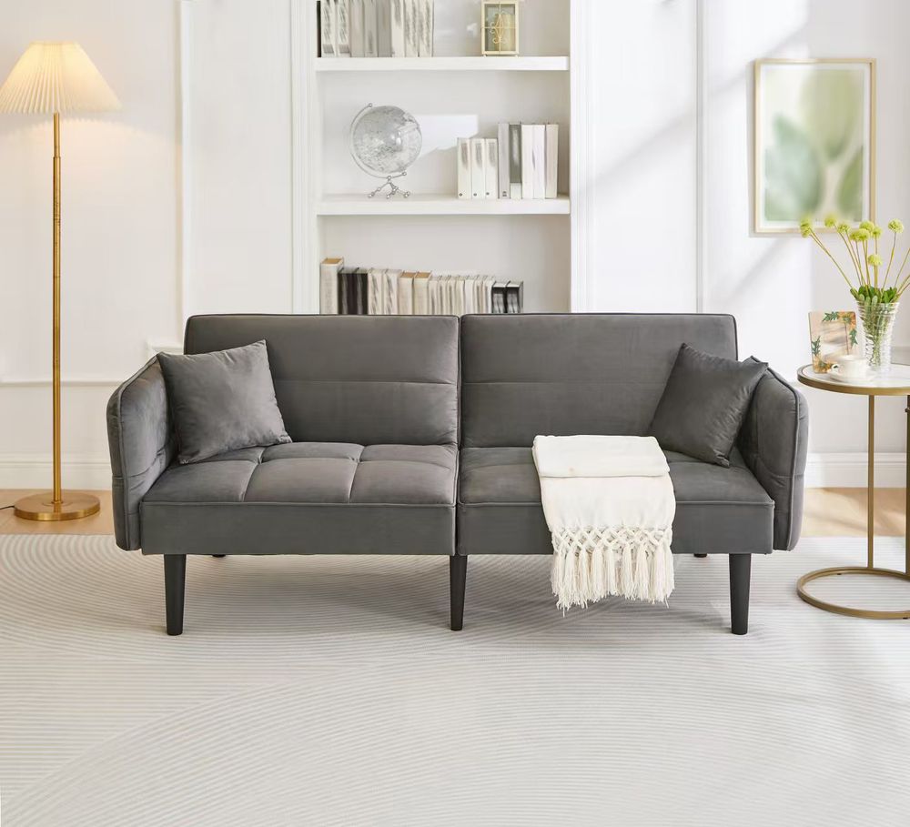 Merax 2-in-1 Schlafsofa Zweisitzer, Verstellbares Funktionssofa mit Samtbezug und Schlaffunktion, Klappbare Armlehnen, inkl. Kissen, Grau