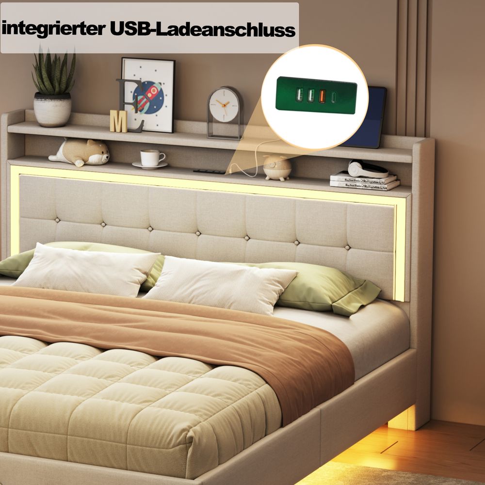 MODFU Doppelbett 140 x 200 Polsterbett mit LED und USB-Ladeanschluss,Funktionelles Stauraumbett Jugendbett mit Kopfteil & Stauraum(Ohne Matratze)