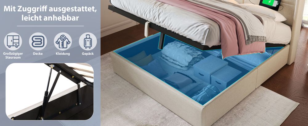 MODFU Boxspringbett Hydraulisches 140 x 200 cm mit LED-Beleuchtung, Polsterbett Funktionelles mit USB-Ladeanschluss, Doppelbett Stauraumbett mit Bettkasten Stauraum, Leinenmaterial Beige(Ohne Matratze)