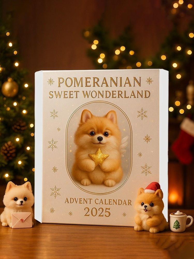 Pomeranian Adventskalenderbox dekorativ auf Tisch vor Weihnachtsbaum
