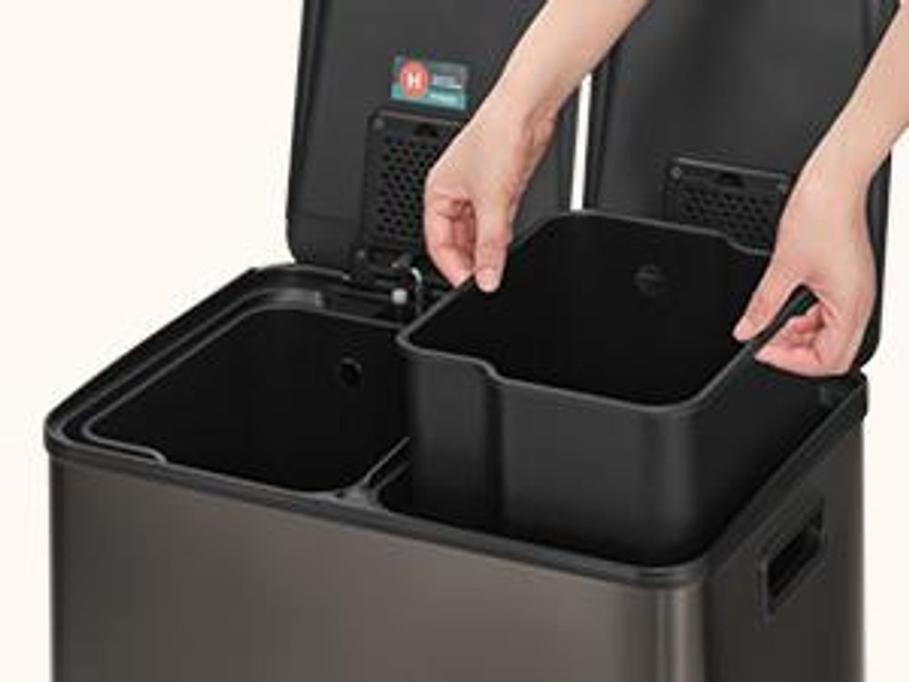 Mülleimer Küche, 2 x 30 Liter, 2 Fächer, Abfalleimer, Tretmülleimer, Softclose-Deckel, Edelstahl, schiefergrau