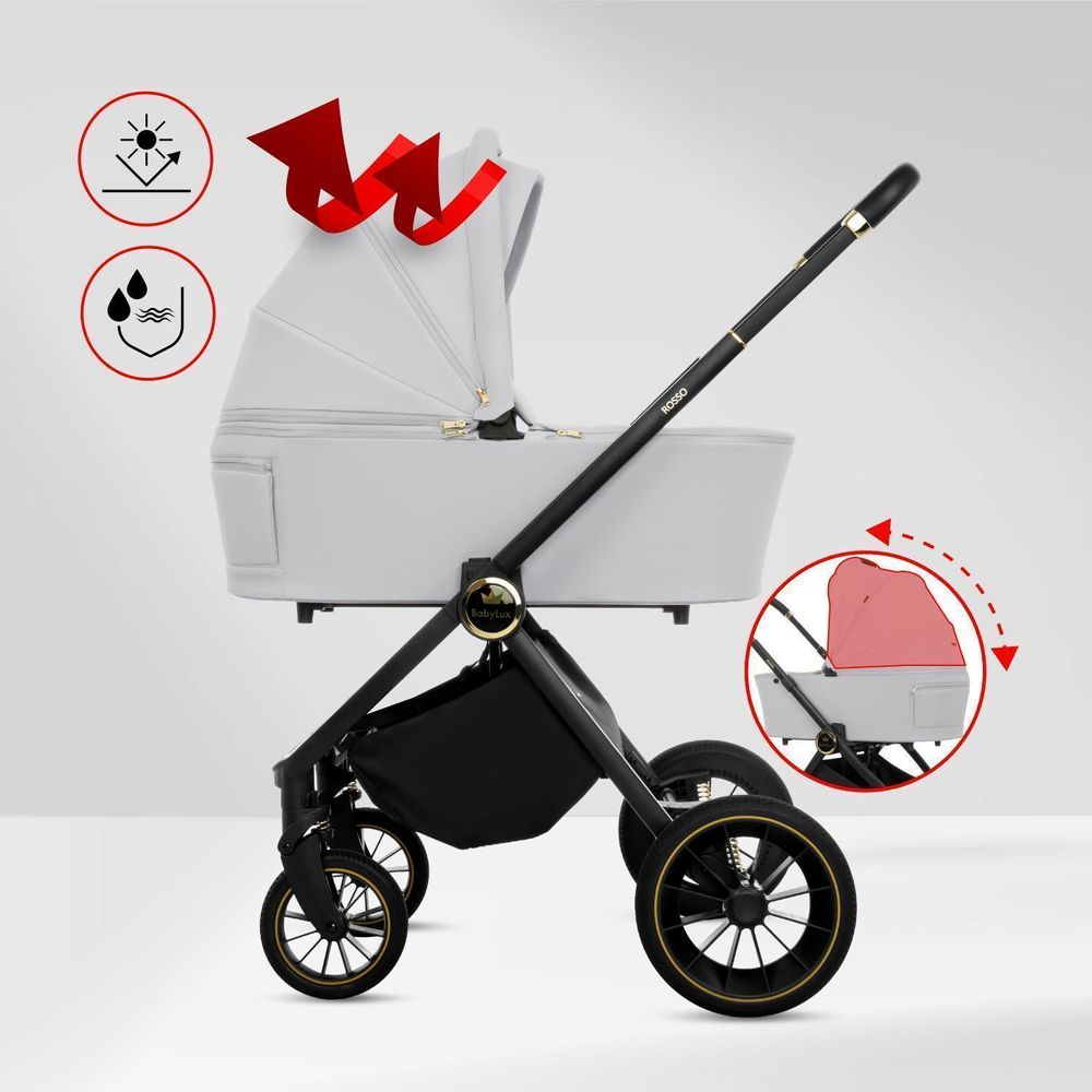 BabyLux® Kombinovaný Kočík 3v1 ROSSO, béžová, Skladací, Lahký, Vrátane Vaničky, Sedadla, Autosedačka, Prebaľovacej Tašky a Dalšieho Príslušenstva