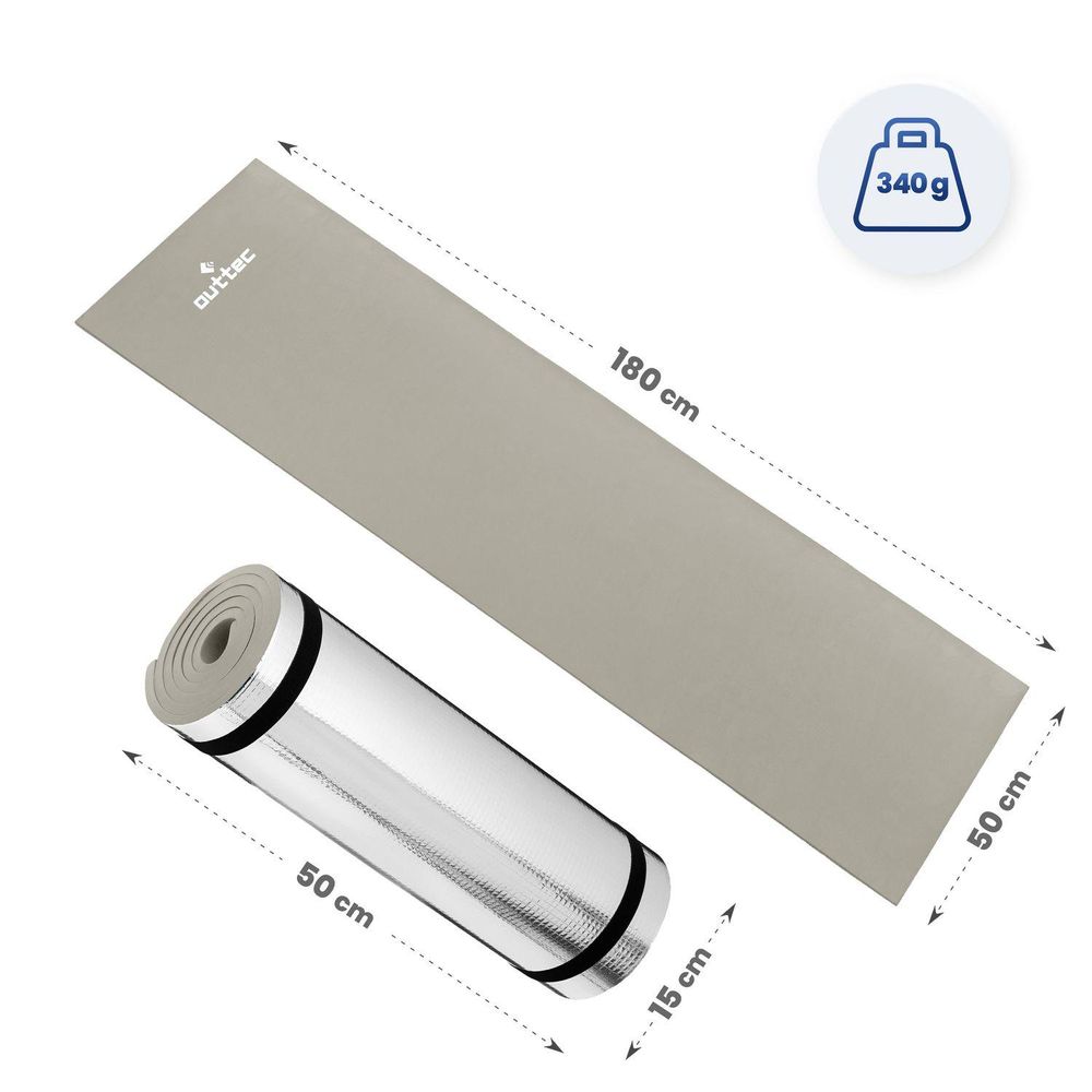 Outtec Isomatte: ausgerollt (180x50 cm, 340 g) und gerollt (50x15 cm)