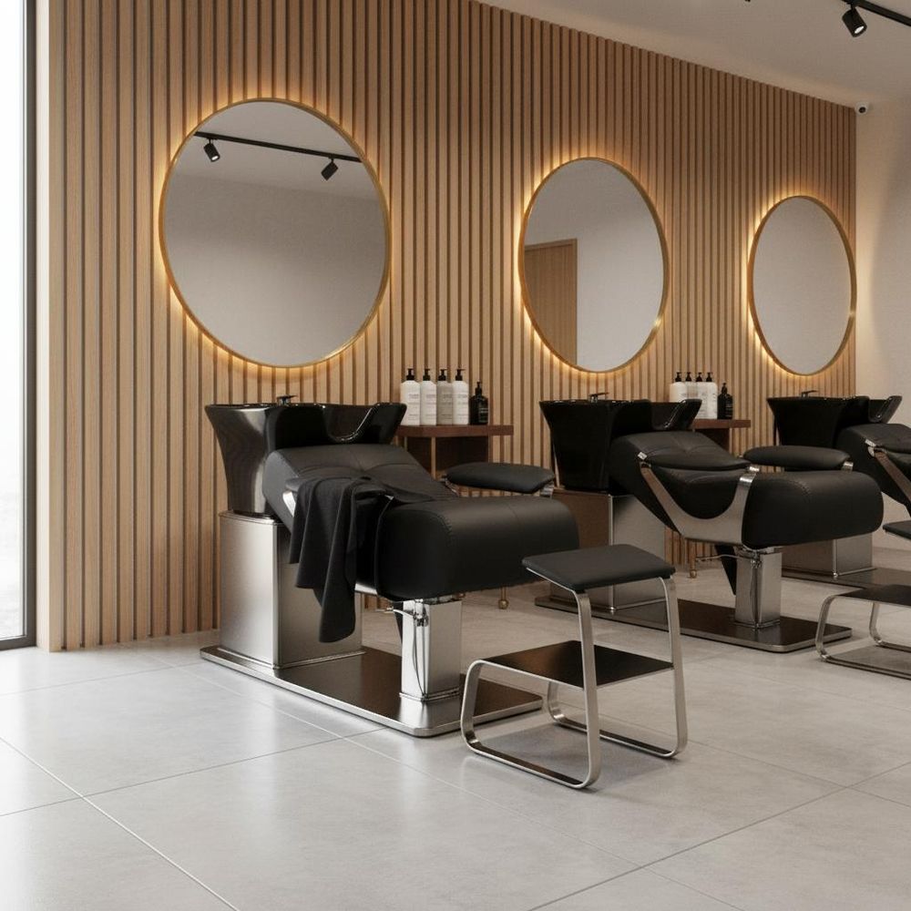 Camila - ležatý kadernícky a barber umývací box do salónu, polohovateľná keramická misa, armatúra,