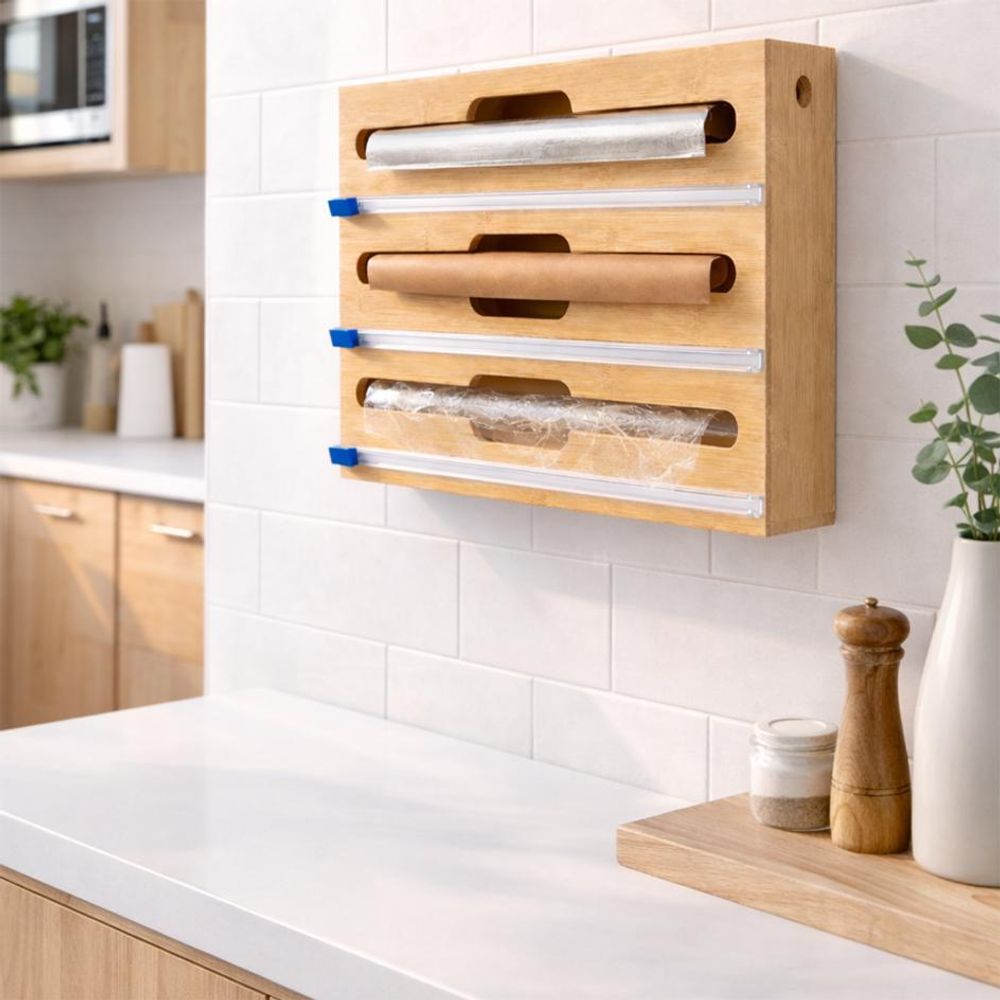 WELLHAUS Bambusbehälter mit Spender für Aluminiumfolie, Lebensmittelpapier