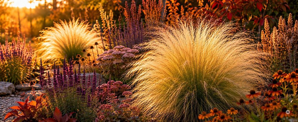 Herbstliche e, goldene Federgras-Horste in tiefem Seitenlicht