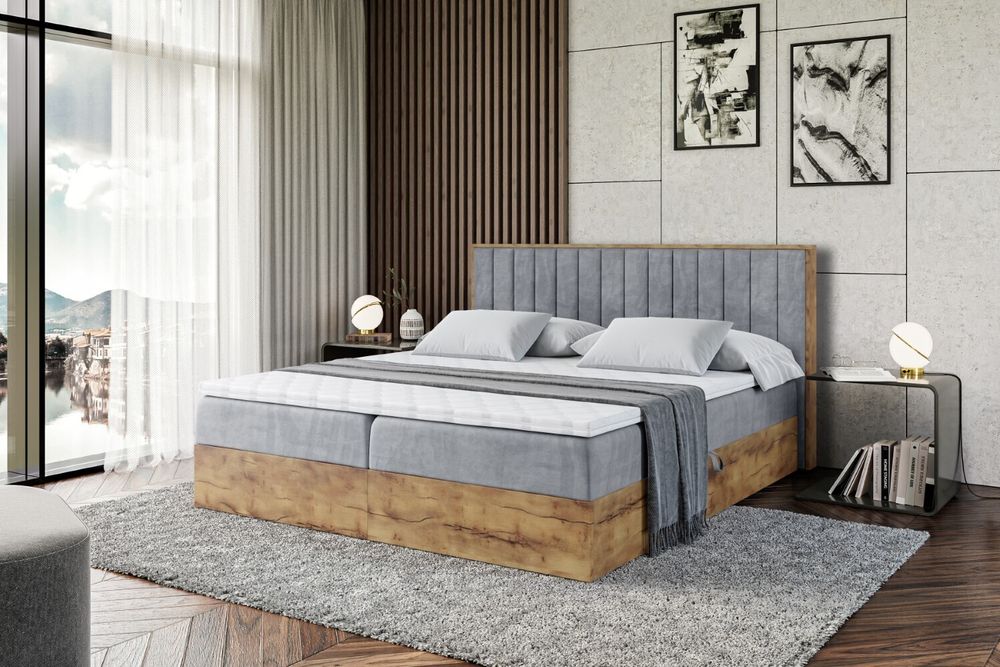 ALTDECOR Boxspringbett LOLLI4 mit H4-Matratze, Kopfteil und Bettkasten mit Eiche Holz -  180x200 - Grau Samt